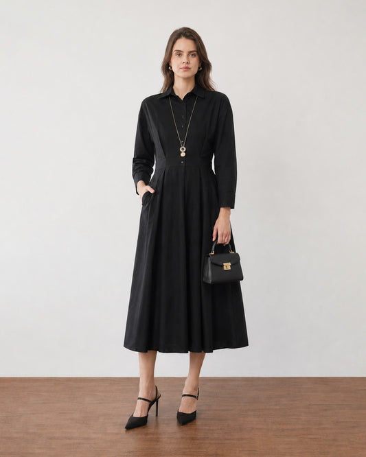 Gazillion Francesca black drop-shoulder midi dress for women, full-length front view