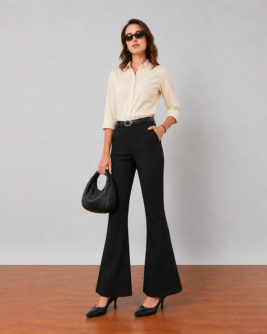 Gazillion Frankie black bootcut cotton pants for women, full-length front view