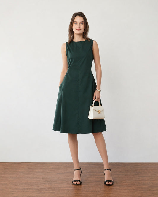 Gazillion Freya pine green princess-seam fit-and-flare midi dress for women, full-length front view