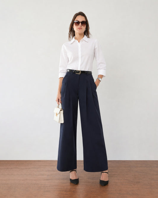 Gazillion Frida navy pleated wide-leg cotton pants for women, full-length front view