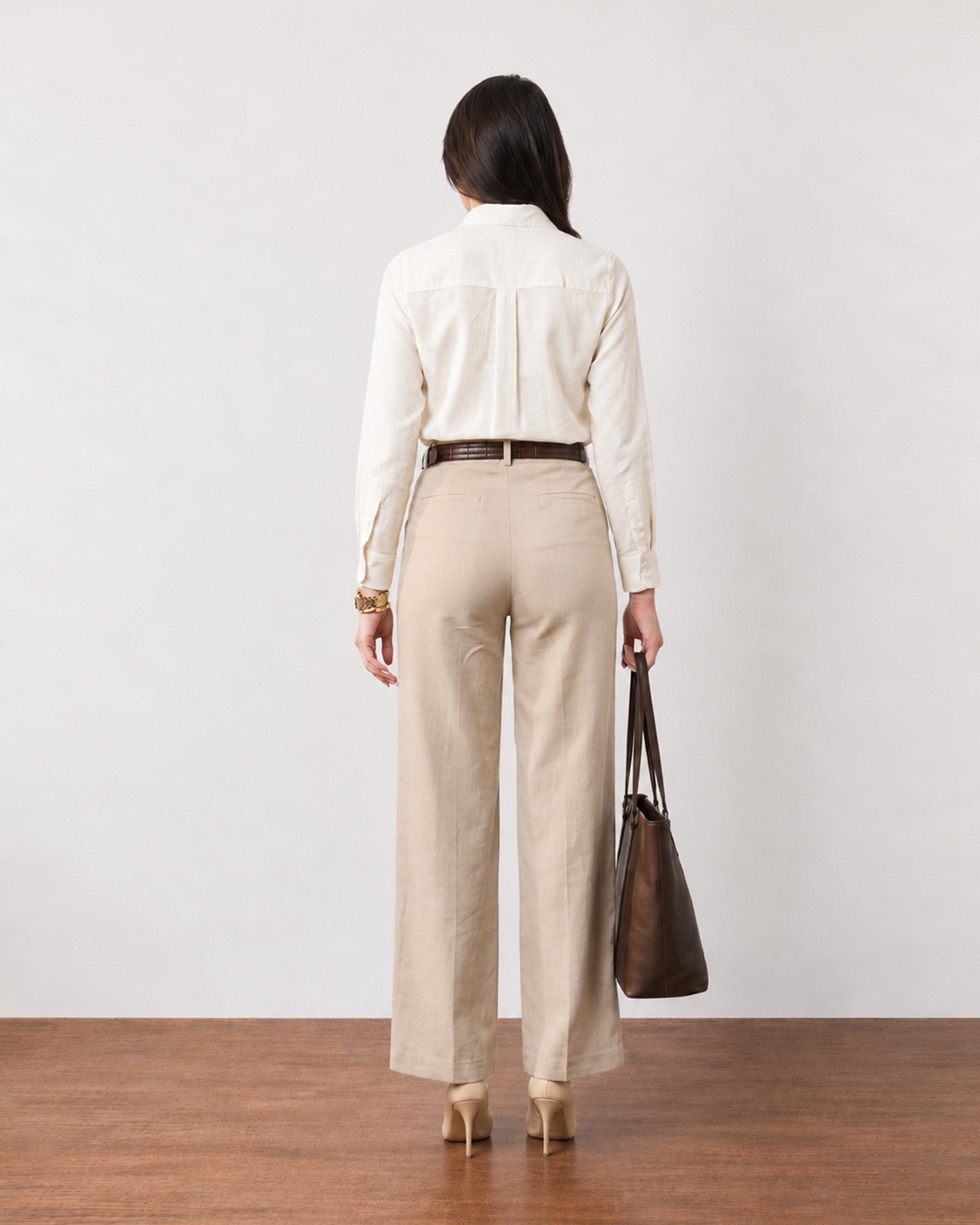 Gabriela beige smart casual linen pants with cotton voile lining, back view with welt pockets