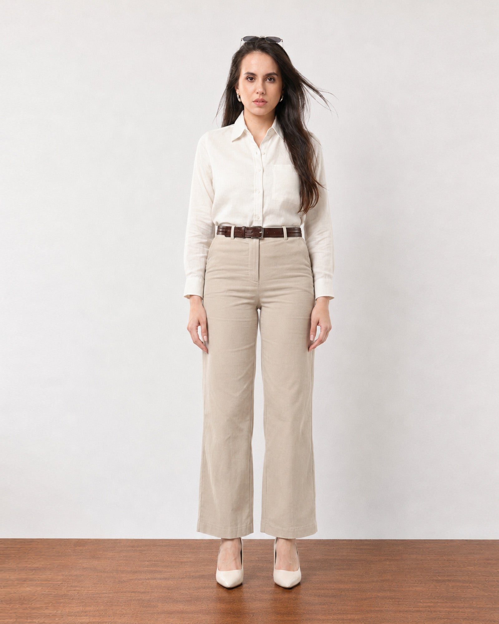 Gazillion Gabriela elegant beige straight soft linen pants for women, full-length front view