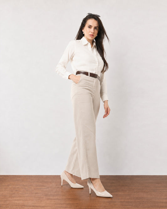 Gabriela beige breathable linen office trousers with cotton voile lining, walking view