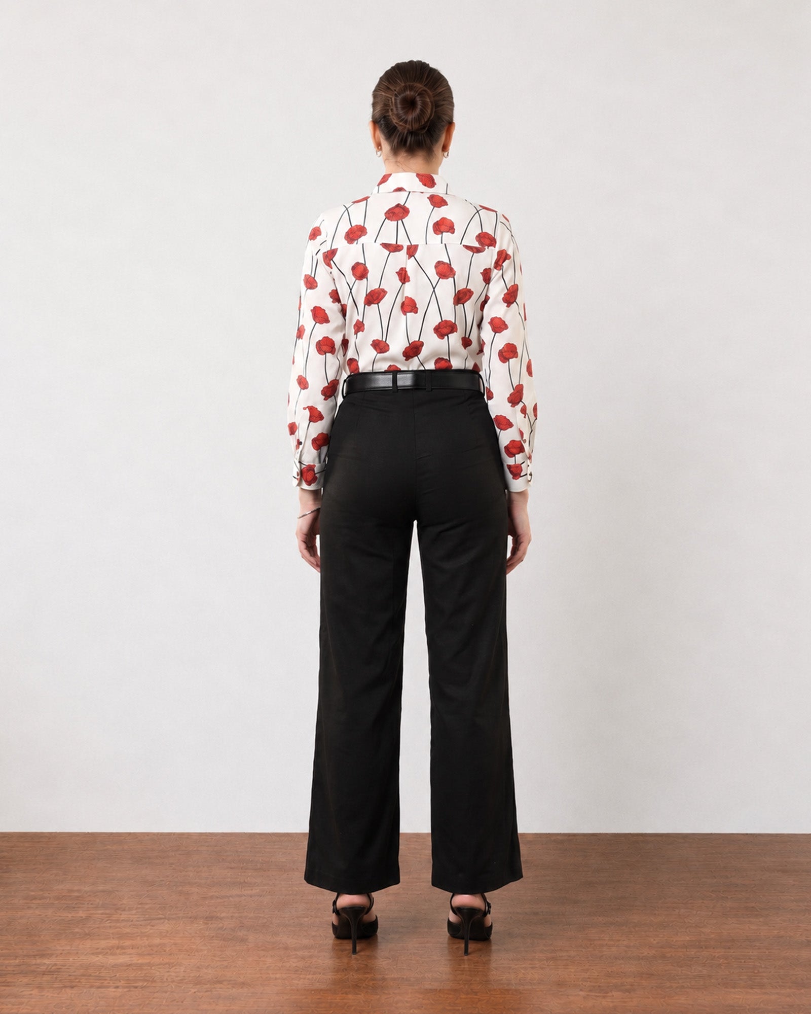 Gabriela black business casual linen pants with cotton voile lining, back view with welt rear pockets