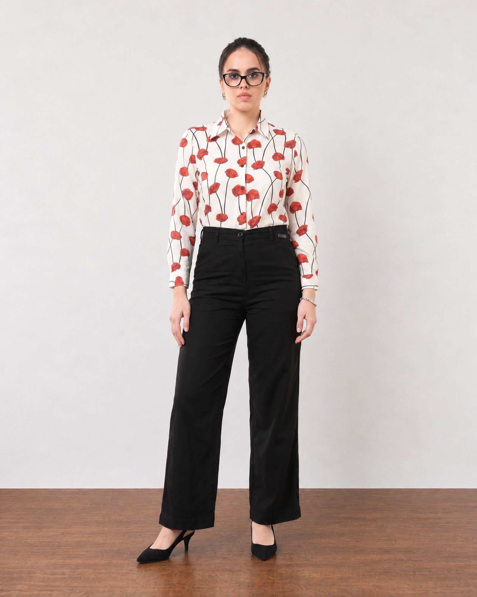 Gazillion Gabriela classy black straight soft linen pants for women, full-length front view