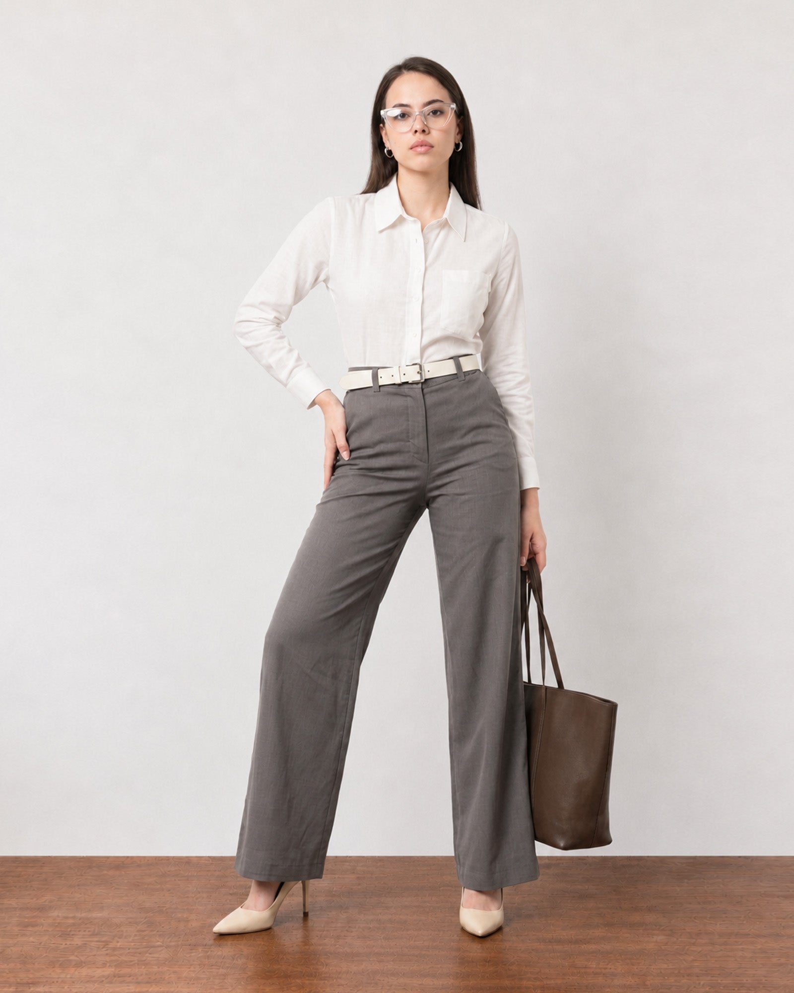 Gazillion Gabriela charcoal grey straight soft linen pants for women, sophisticated full-length front view