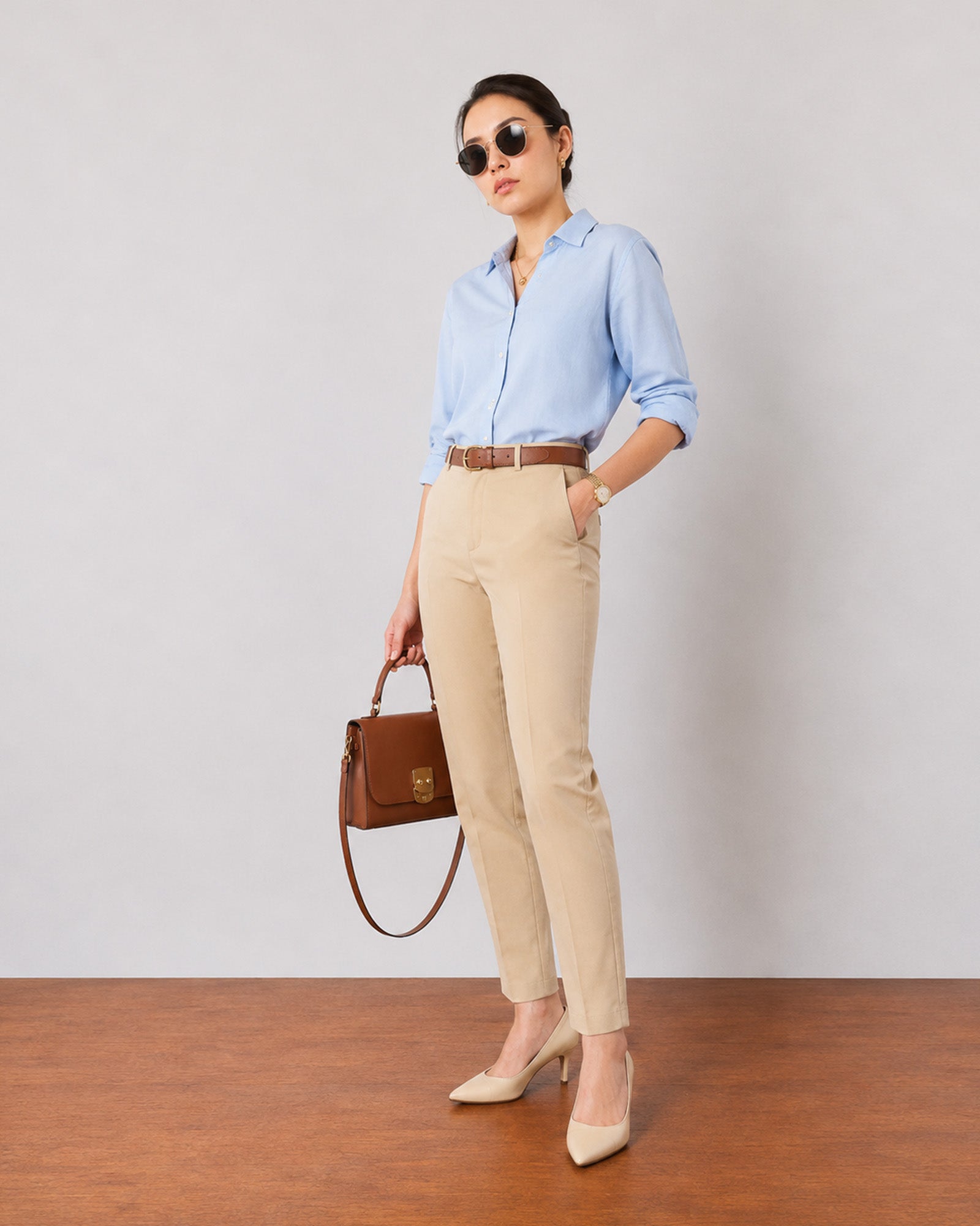 Galaxy khaki beige chinos, business casual styling