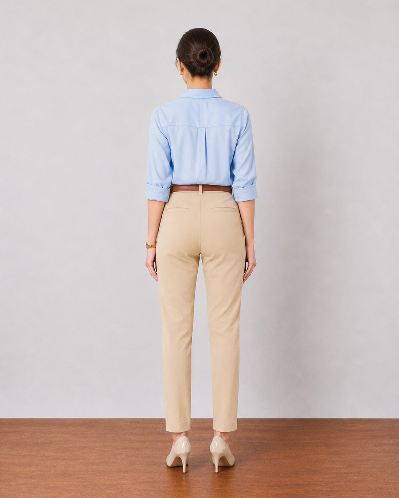 Galaxy khaki beige chinos, back view with welt rear pockets