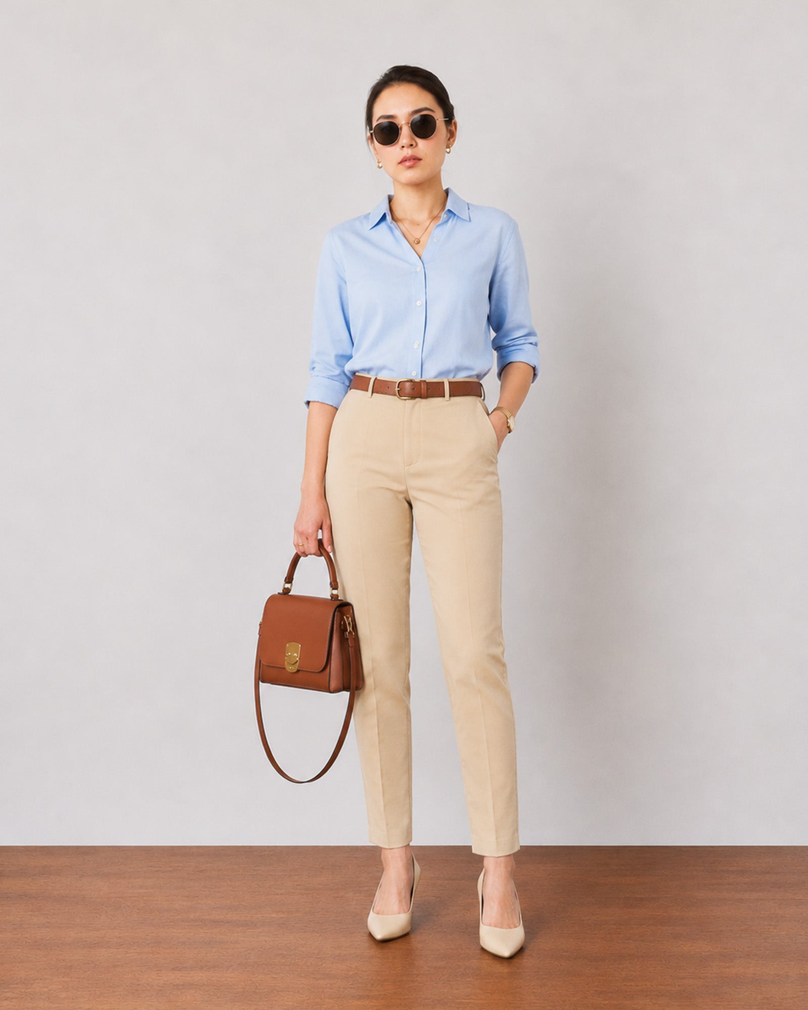 Gazillion Galaxy stylish khaki beige cotton office chinos for women, full-length front view