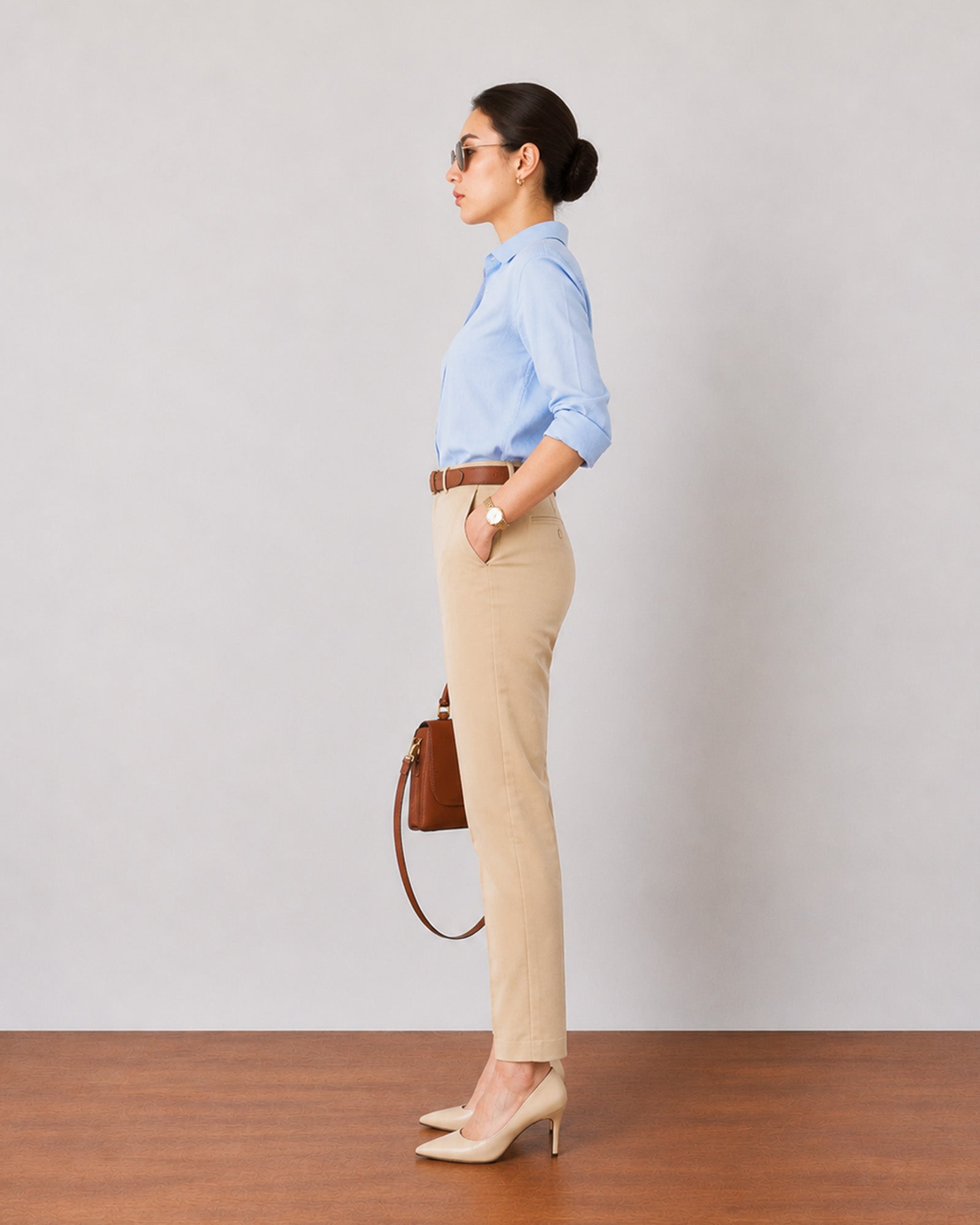 Galaxy khaki beige cotton chinos, side profile view