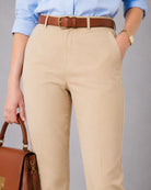 Close-up of Galaxy khaki beige chinos waistband, belt loops and a slanted side pocket
