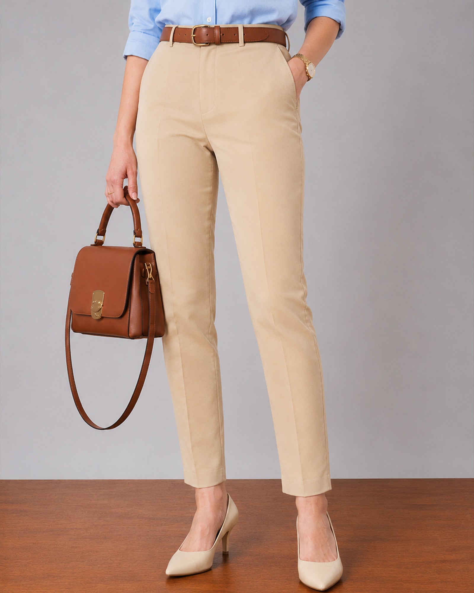 Galaxy khaki beige office chinos, ankle-length walking view