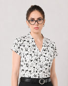 Galia black and white floral printed cotton poplin top, smart casual with cuffed short sleeves