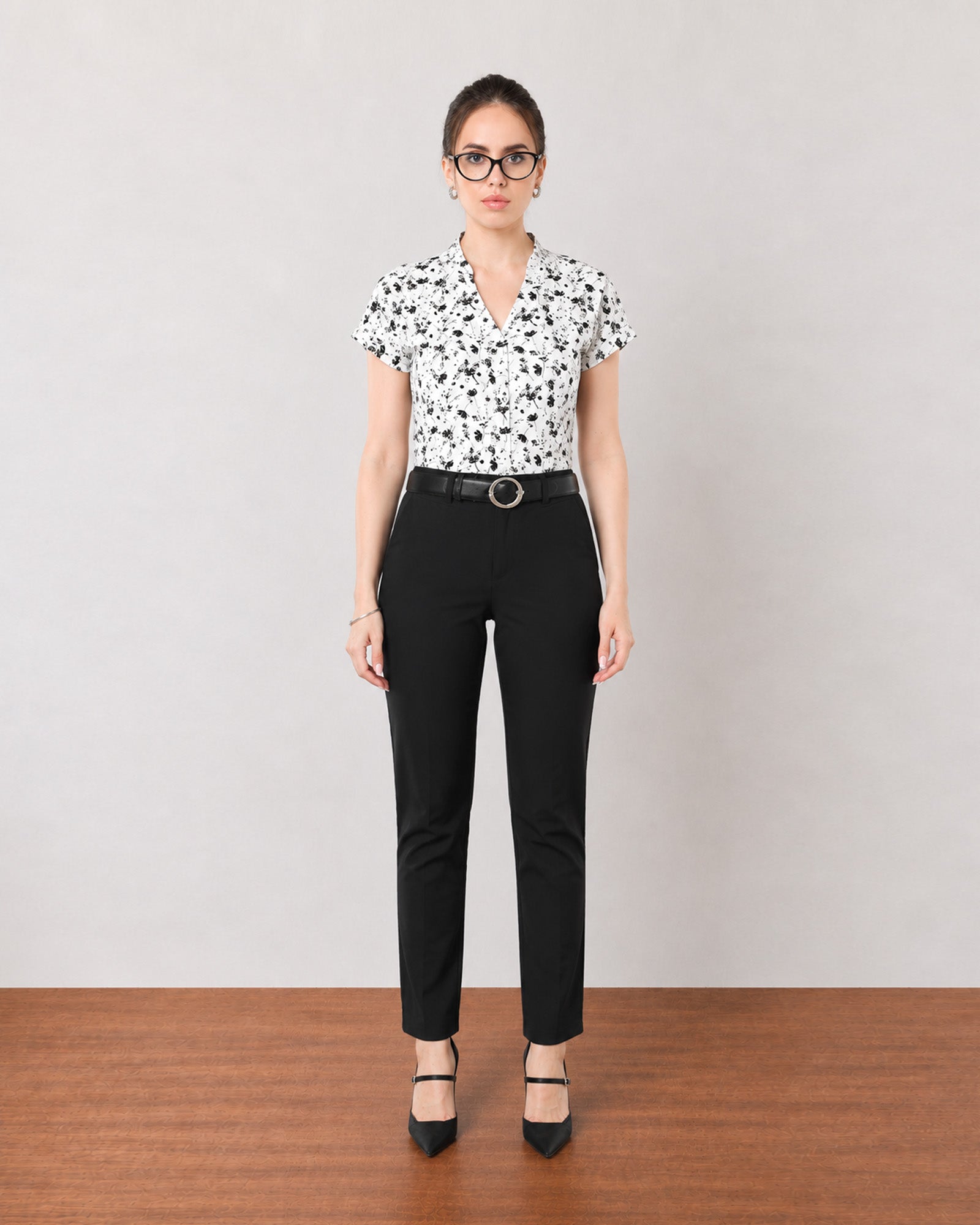 Gazillion Galia stylish black and white floral printed cotton top for women, front view