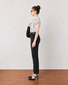 Galia black and white floral printed top, side profile view in 100% cotton poplin