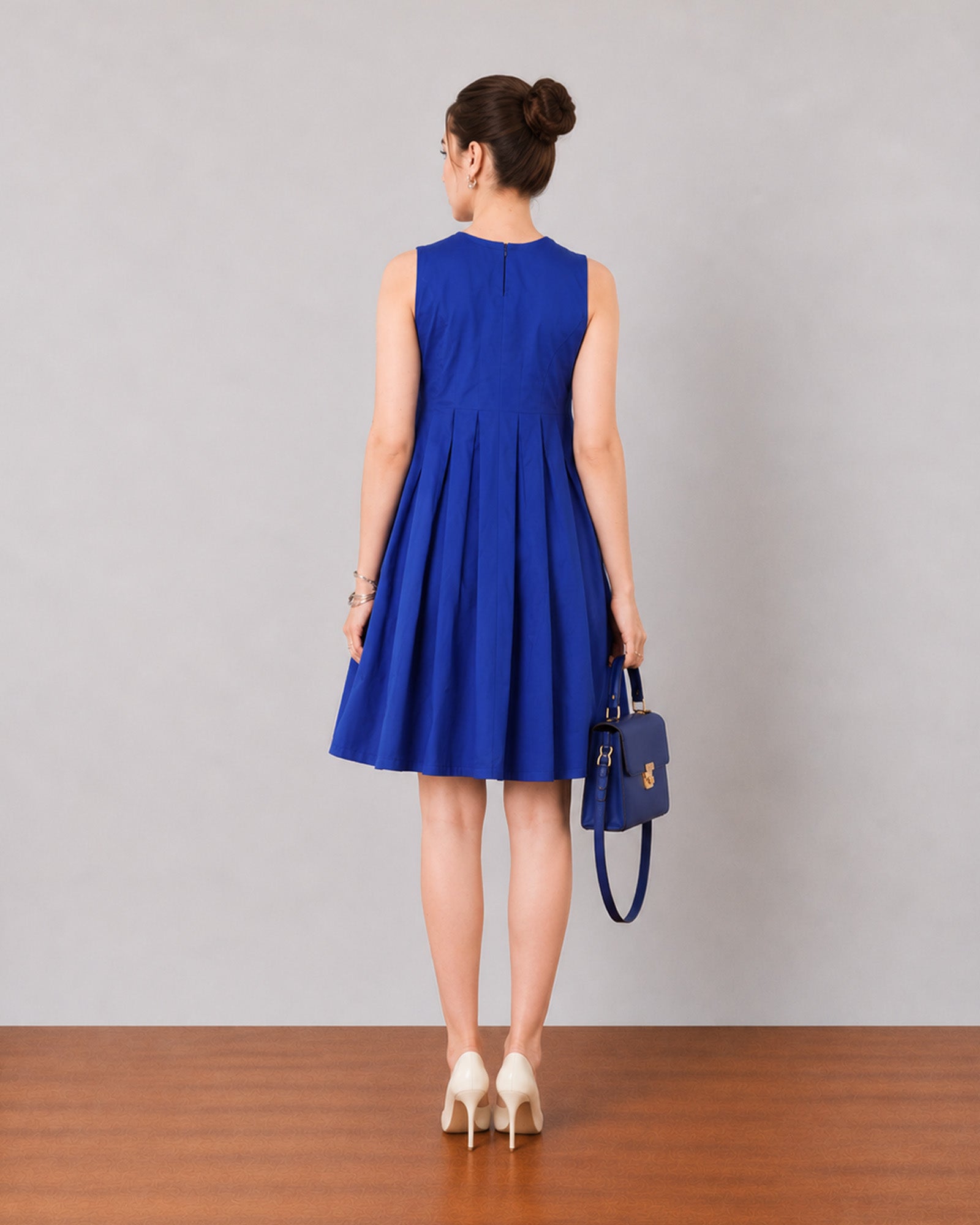 Garcia royal blue cotton dress with cotton voile lining, back view with a concealed zip