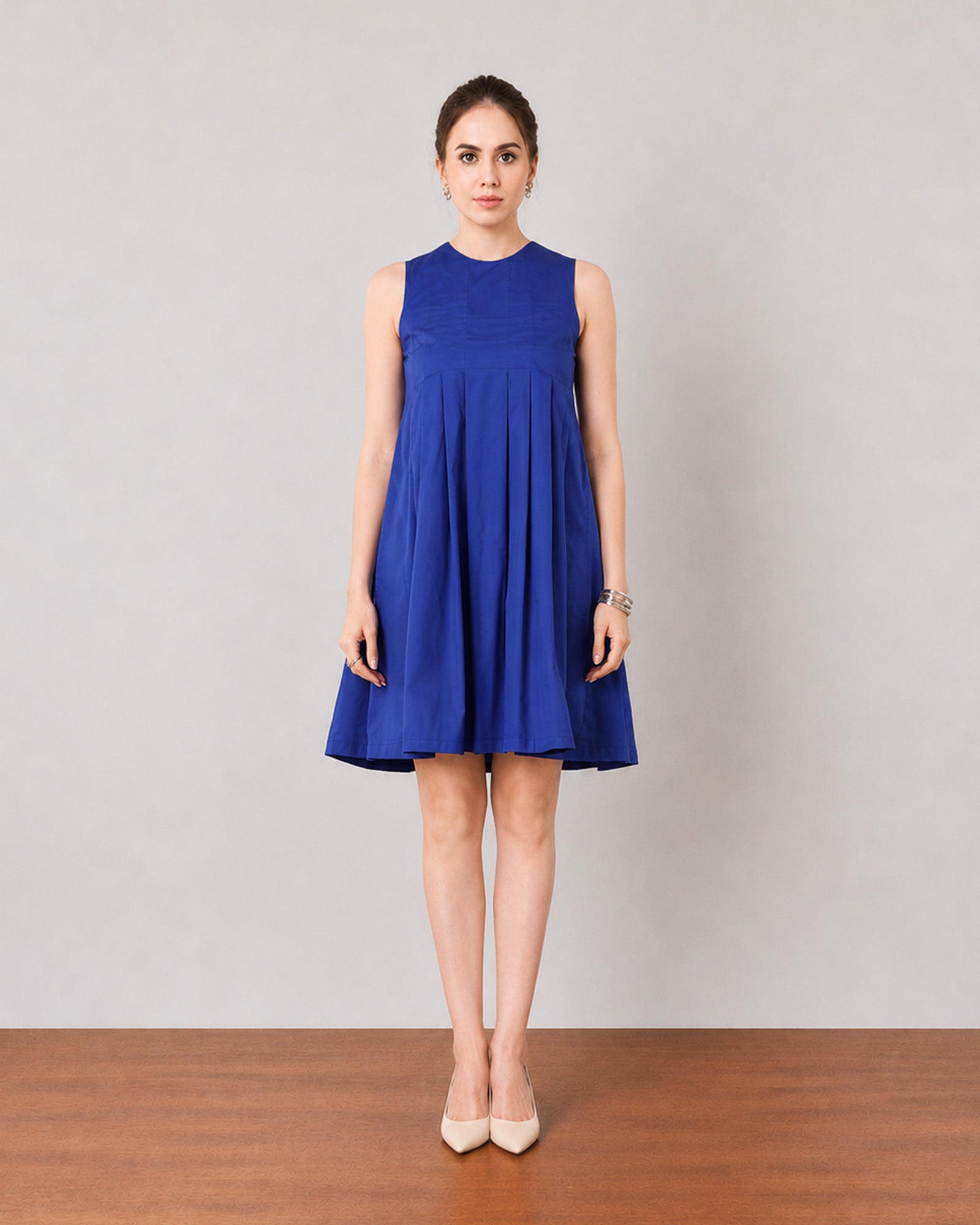 Gazillion Garcia elegant royal blue pleated tent dress for women, full-length front view