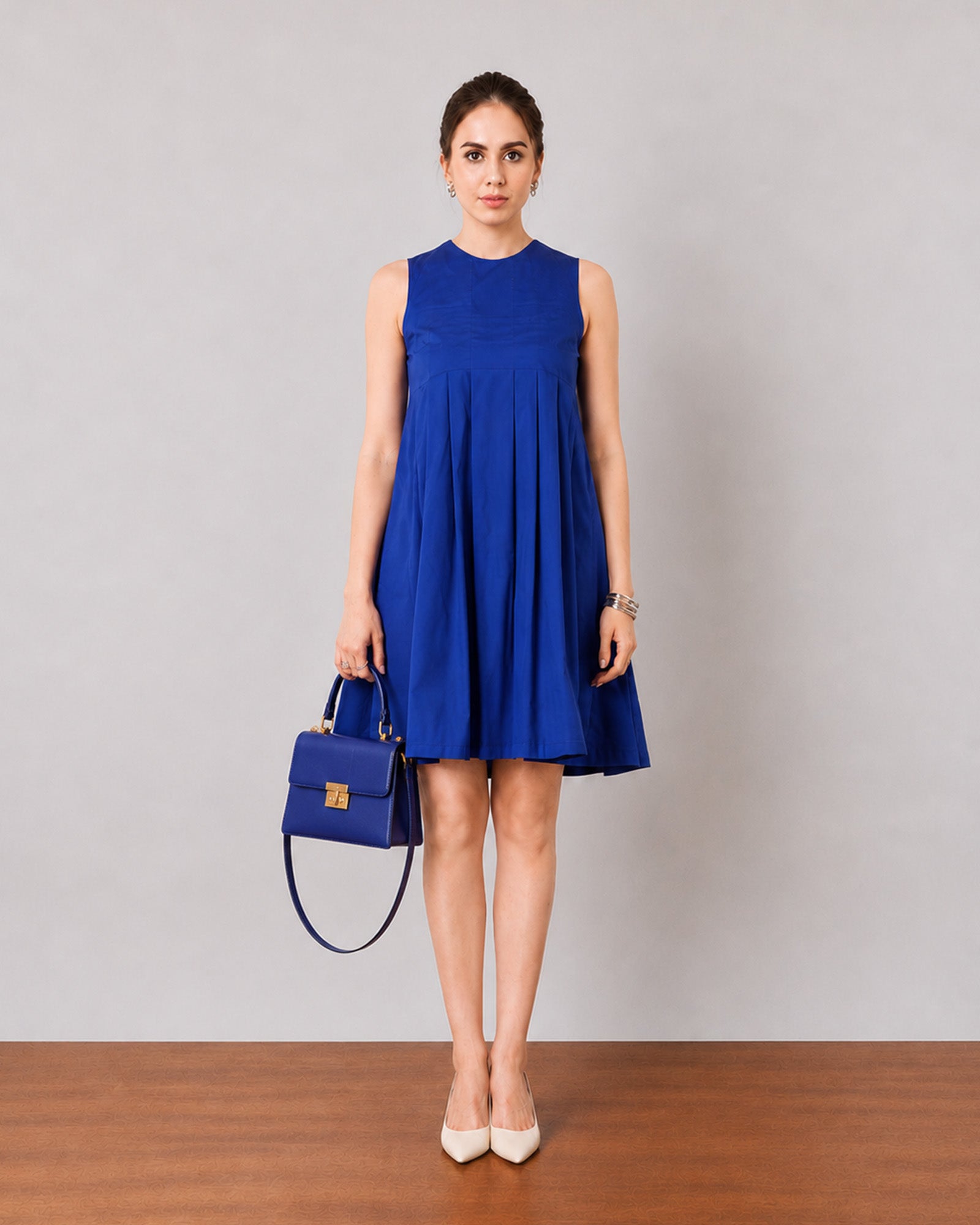 Garcia royal blue tent dress with full cambric lining, desk to dinner