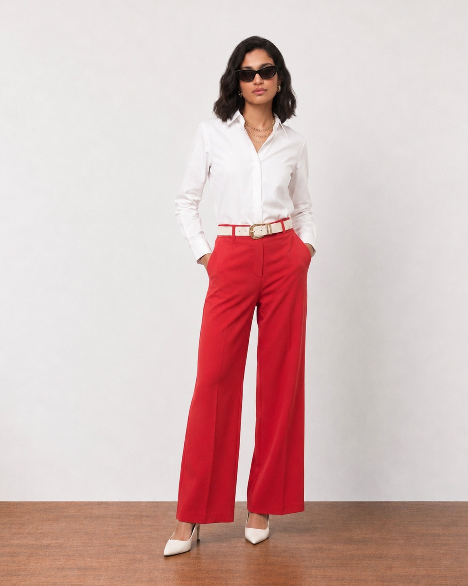 Gazillion Garnet bold scarlet red wide leg work pants for women, full-length front view