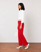 Garnet scarlet red cotton pants, side profile with wide drape