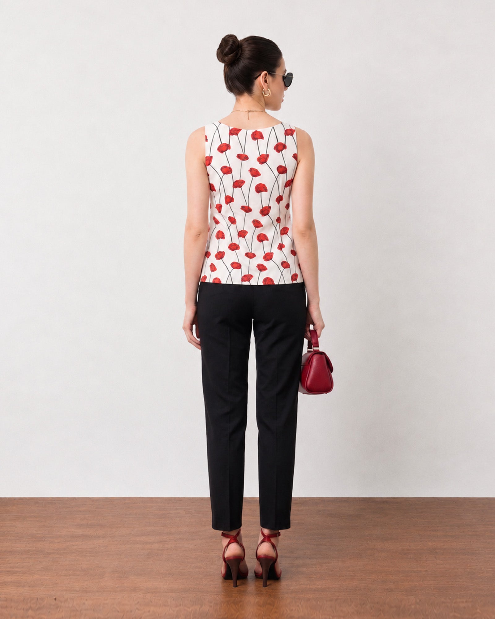 Gaya red and white floral print top, back view showing a relaxed A-line silhouette