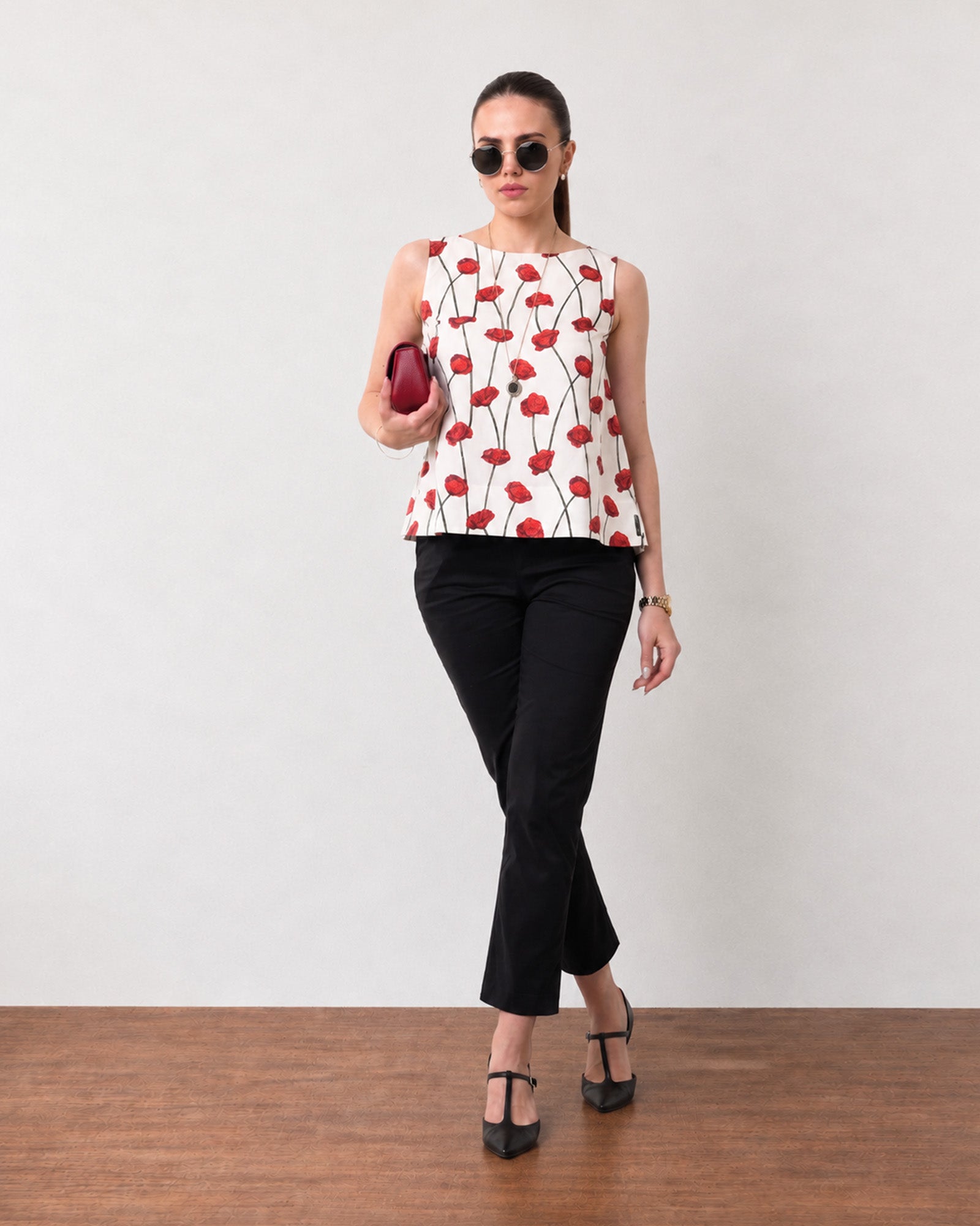 Gazillion Gaya bold red and white floral print cotton top for women, full-length front view