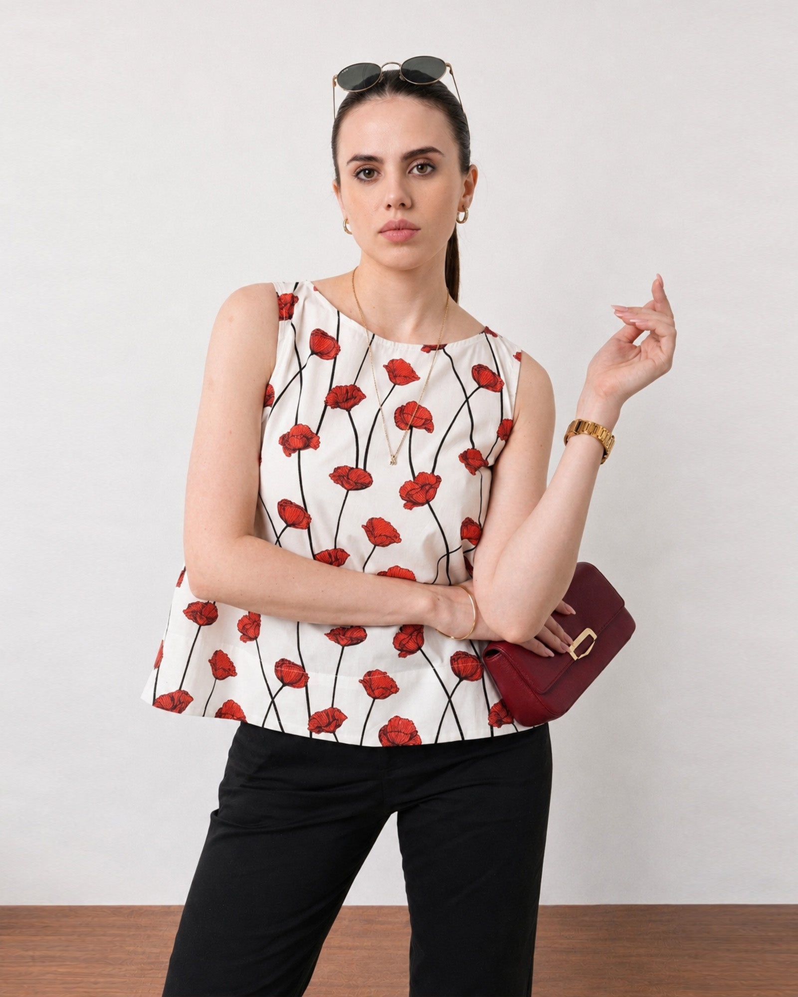 Gaya red and white poppy print top, summer office outfit