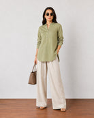 Gazillion Gemini classy moss green soft linen tunic top for women, full-length front view
