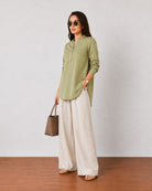Gemini moss green linen tunic top, office chic