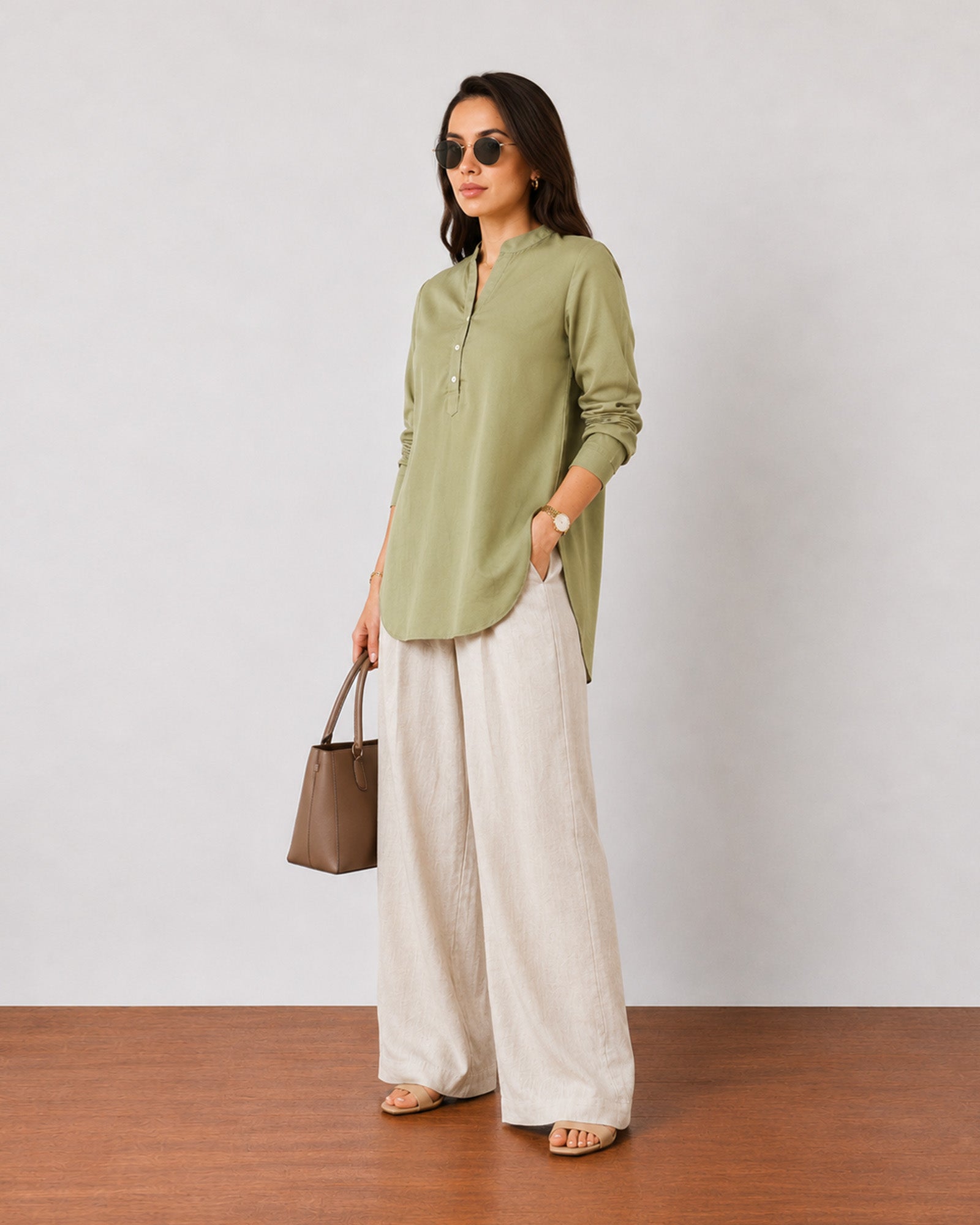 Gemini moss green linen tunic top, office chic