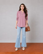 Gazillion Gemini stylish rose pink soft linen tunic top for women, full-length front view