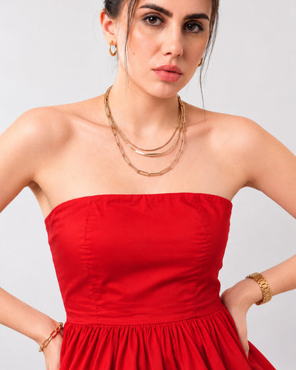 Close-up of Gemma scarlet red strapless bodice with silicone grip tape, princess seams and gathered peplum hem