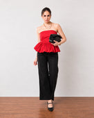 Gazillion Gemma bold scarlet red cotton strapless top for women, full-length front view