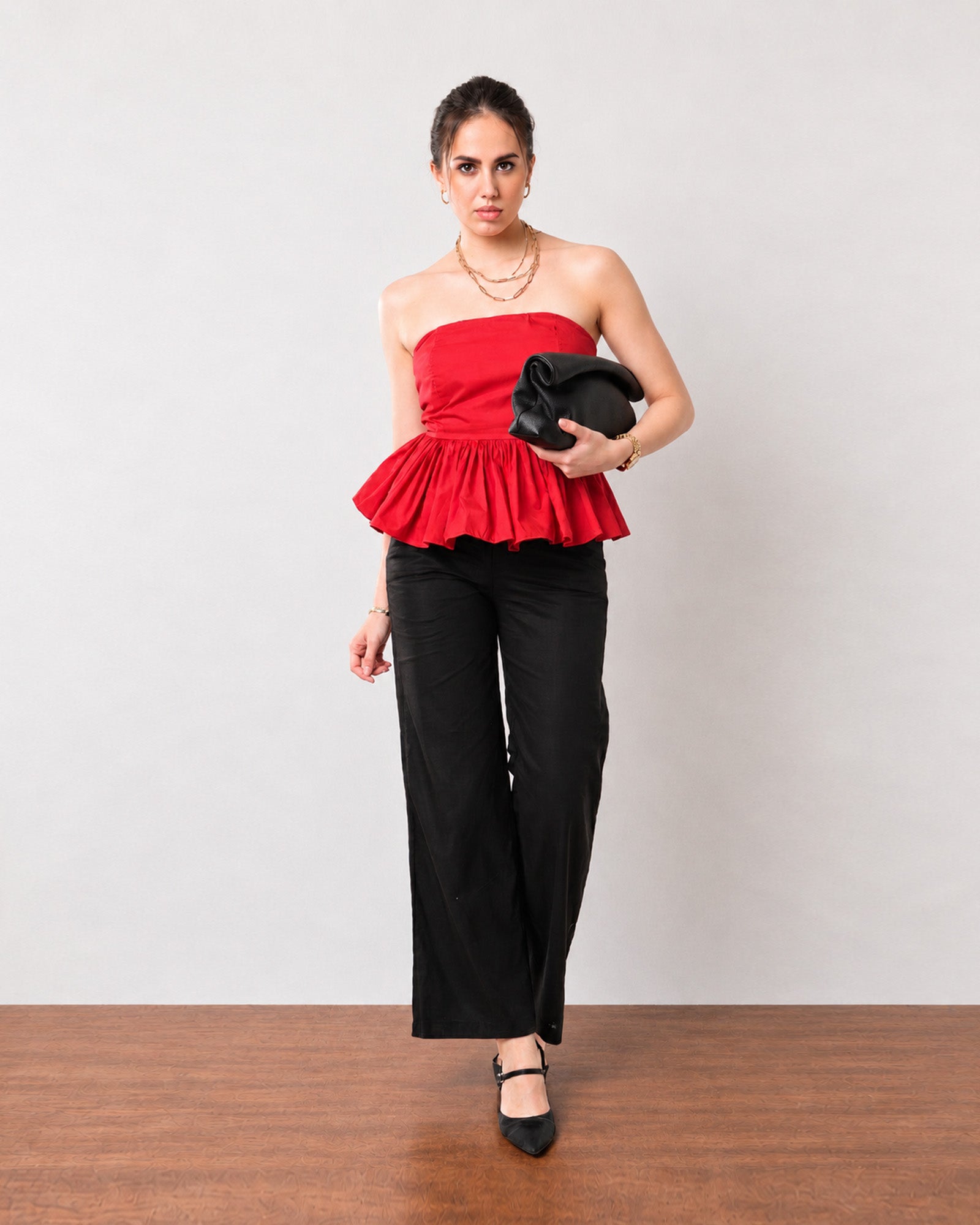 Gazillion Gemma bold scarlet red cotton strapless top for women, full-length front view