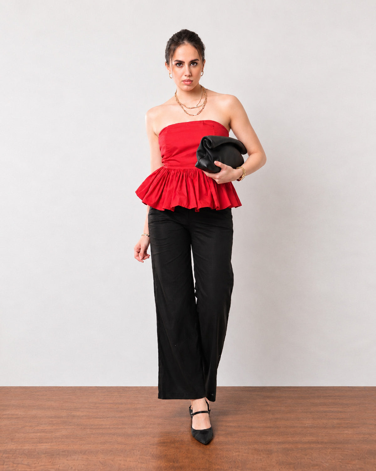 Gazillion Gemma bold scarlet red cotton strapless top for women, full-length front view