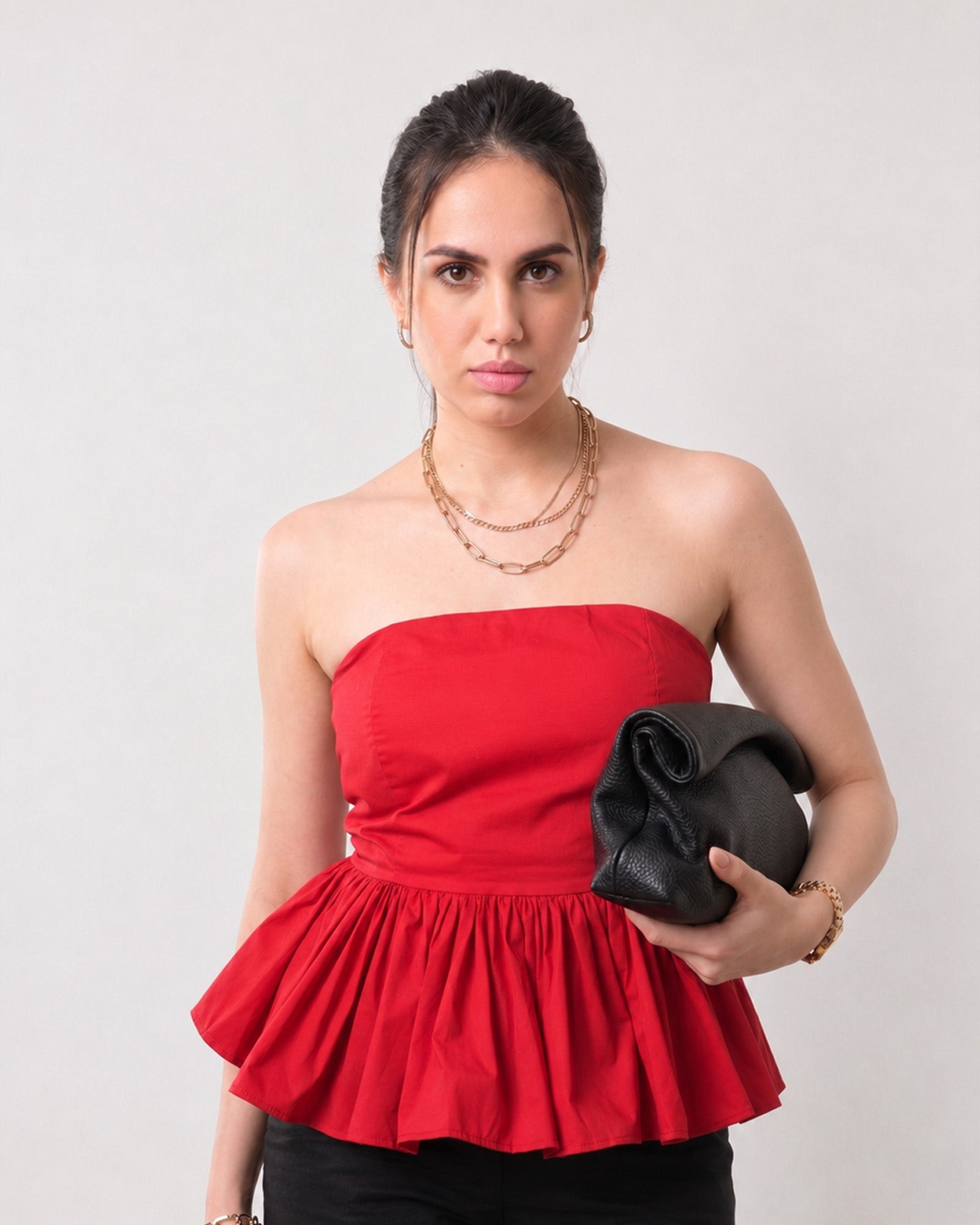 Gemma scarlet red peplum top, desk to dinner