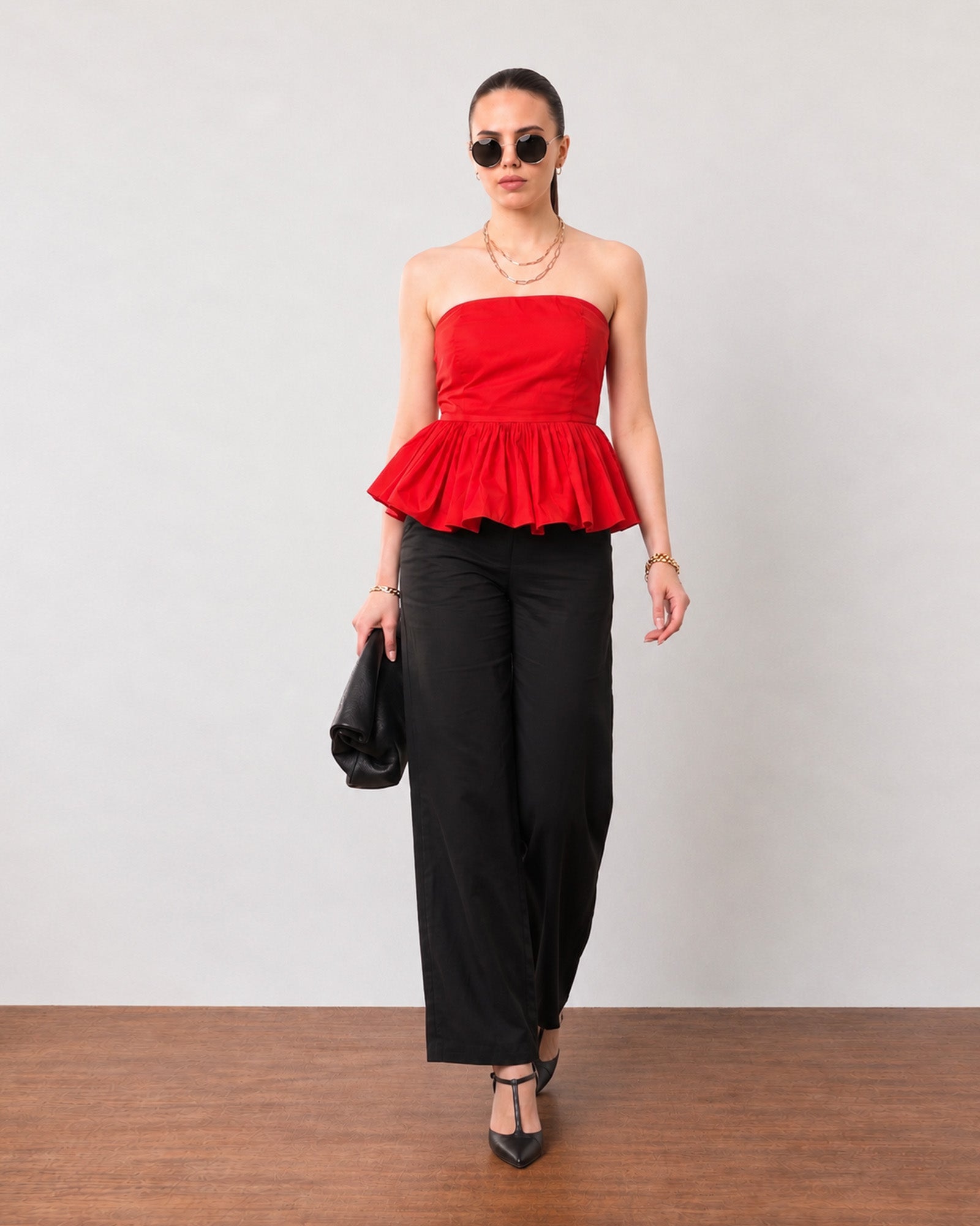 Gemma scarlet red cotton strapless top, day to night walking view