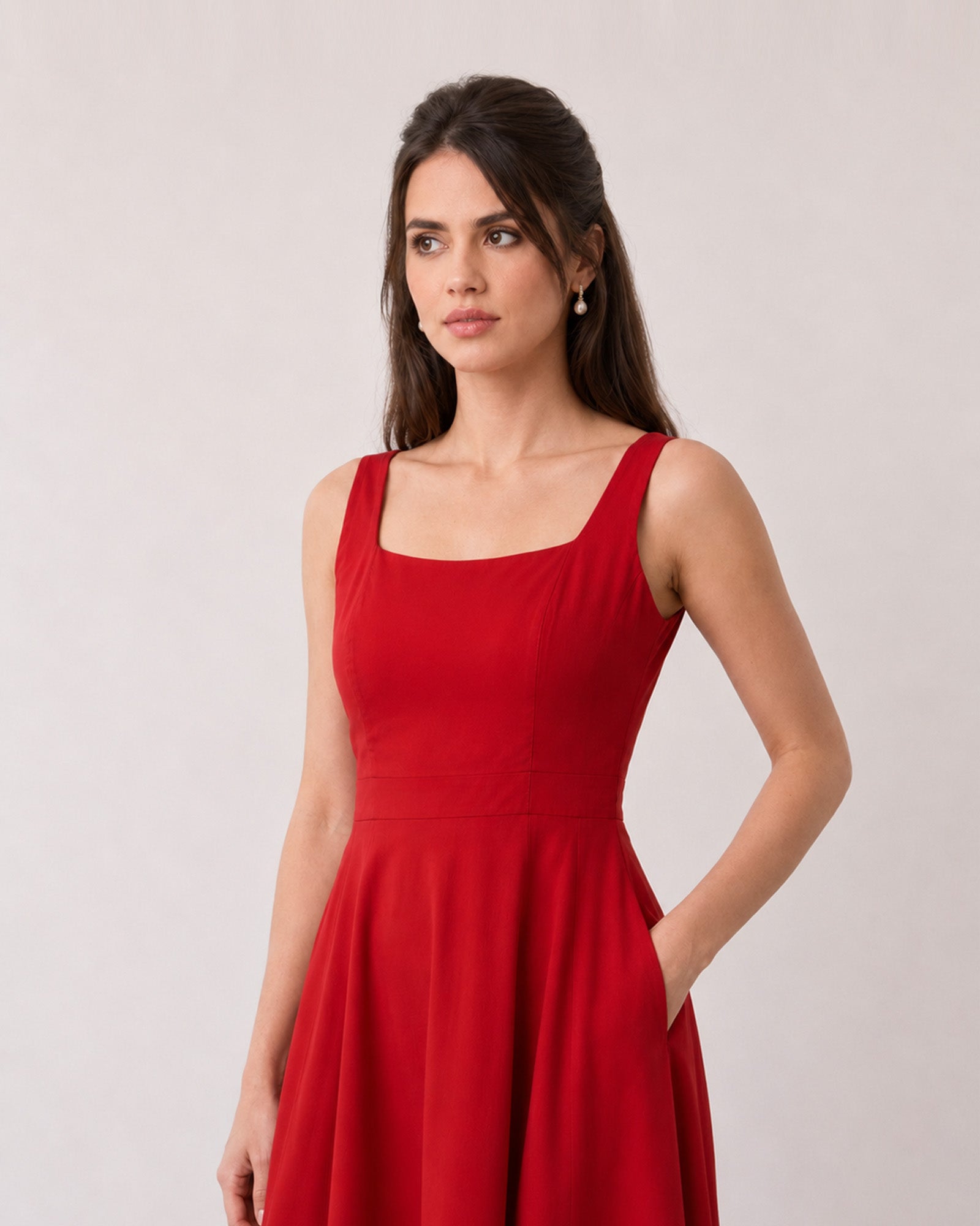 Genesis scarlet red cotton dress bodice and waist seam with full cambric lining, front detail