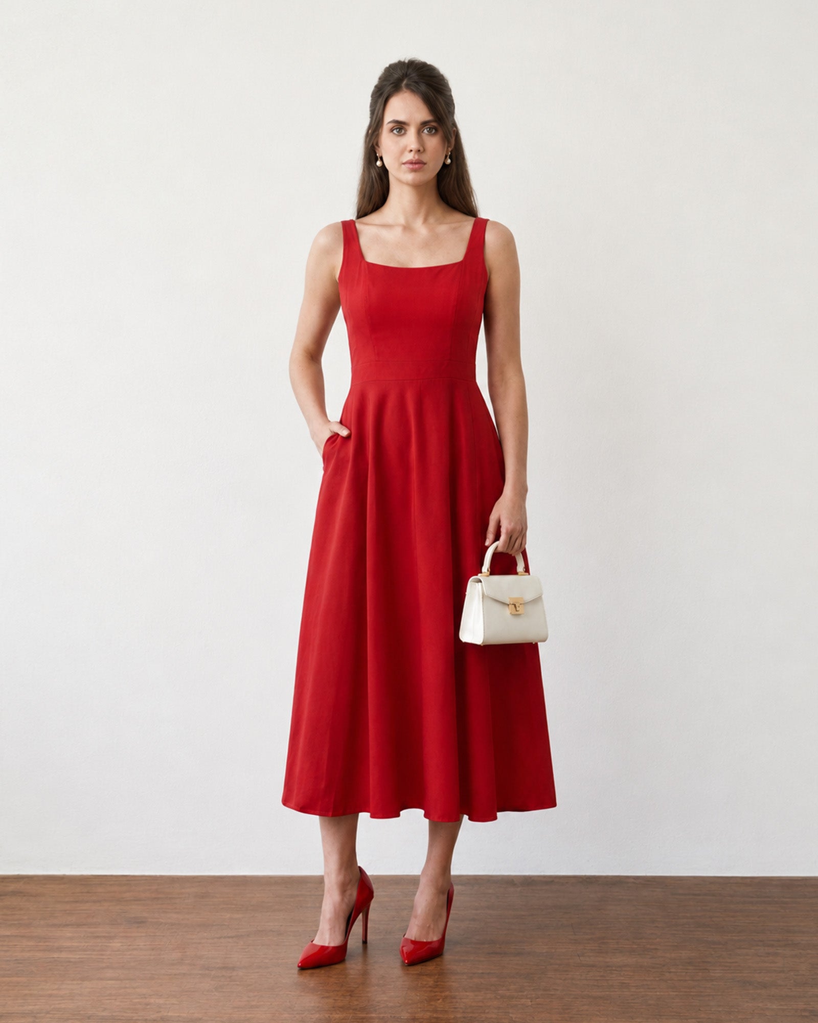 Gazillion Genesis elegant scarlet red cotton midi dress for women, full-length front view