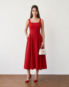 Gazillion Genesis elegant scarlet red cotton midi dress for women, full-length front view