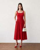 Gazillion Genesis elegant scarlet red cotton midi dress for women, full-length front view
