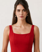 Close-up of Genesis scarlet red dress square neckline and wide straps, full cambric lining