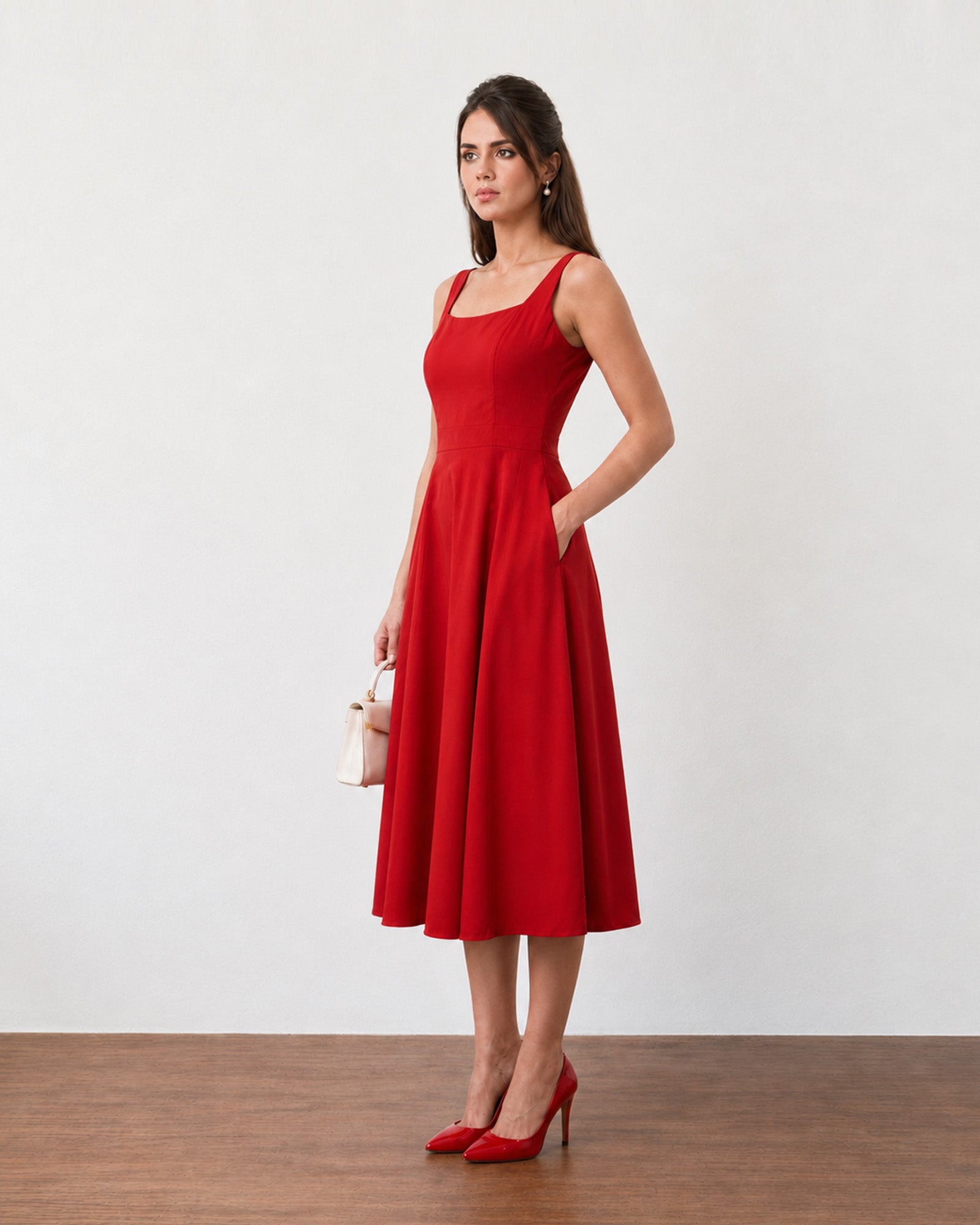 Genesis scarlet red pockets dress for work, with full cambric lining and deep functional side pockets