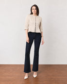 Georgia beige corporate cotton peplum blazer with three-quarter sleeves and a round neck, front view
