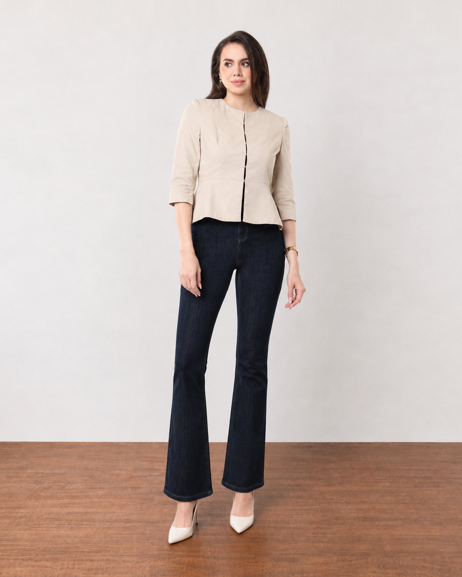 Georgia beige corporate cotton peplum blazer with three-quarter sleeves and a round neck, front view