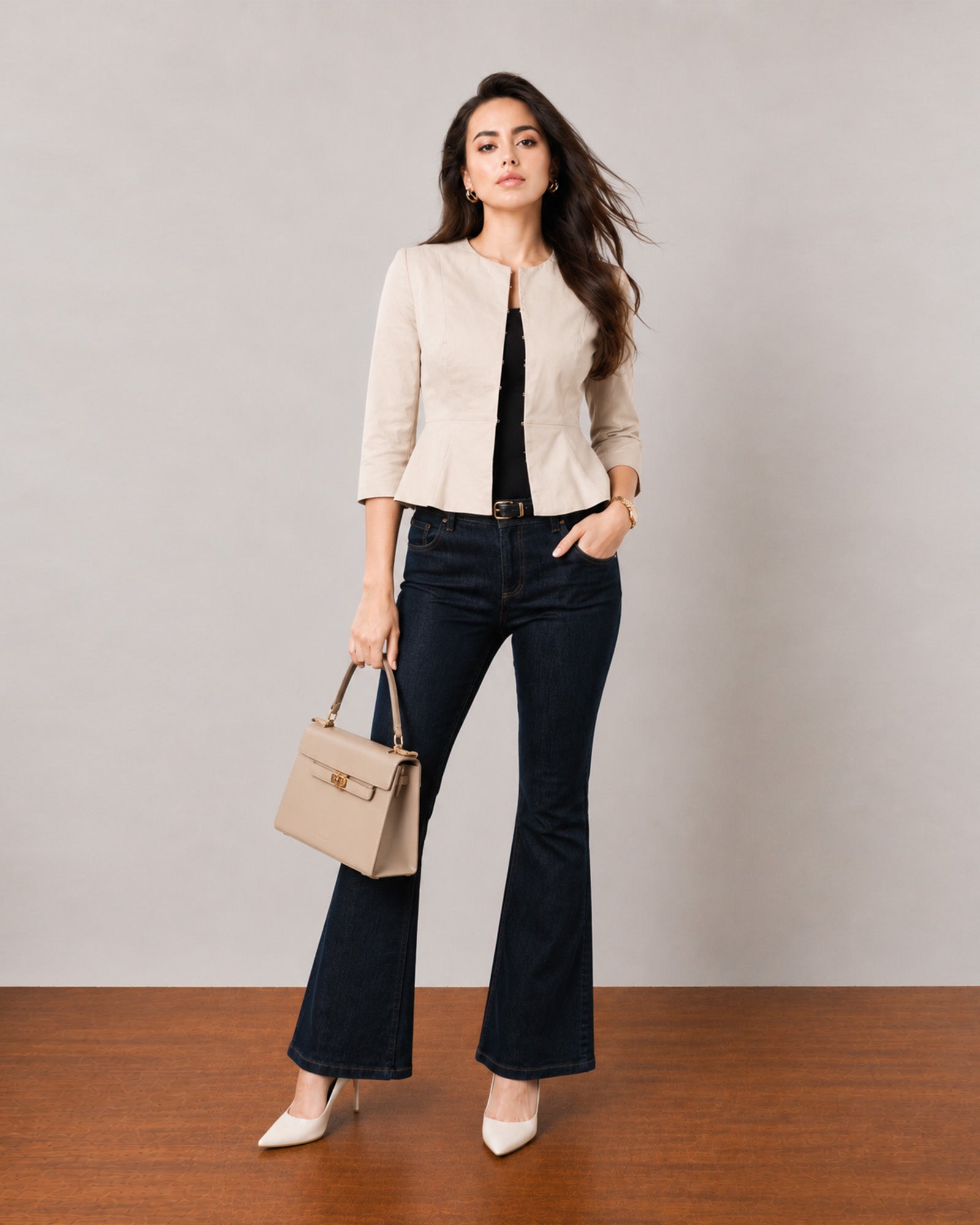 Georgia beige peplum blazer, styled front view