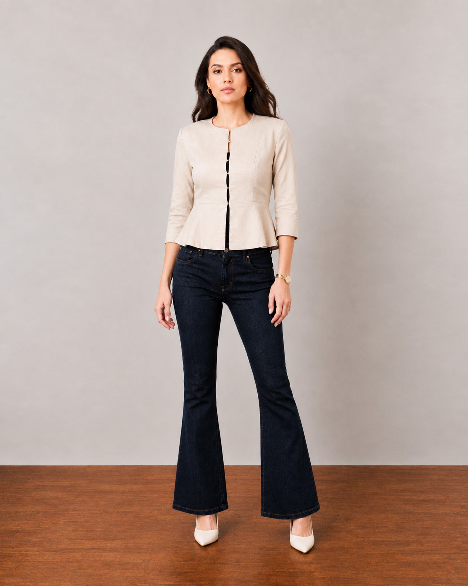 Gazillion Georgia sophisticated beige tailored peplum blazer for women, full-length front view