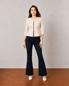 Gazillion Georgia sophisticated beige tailored peplum blazer for women, full-length front view