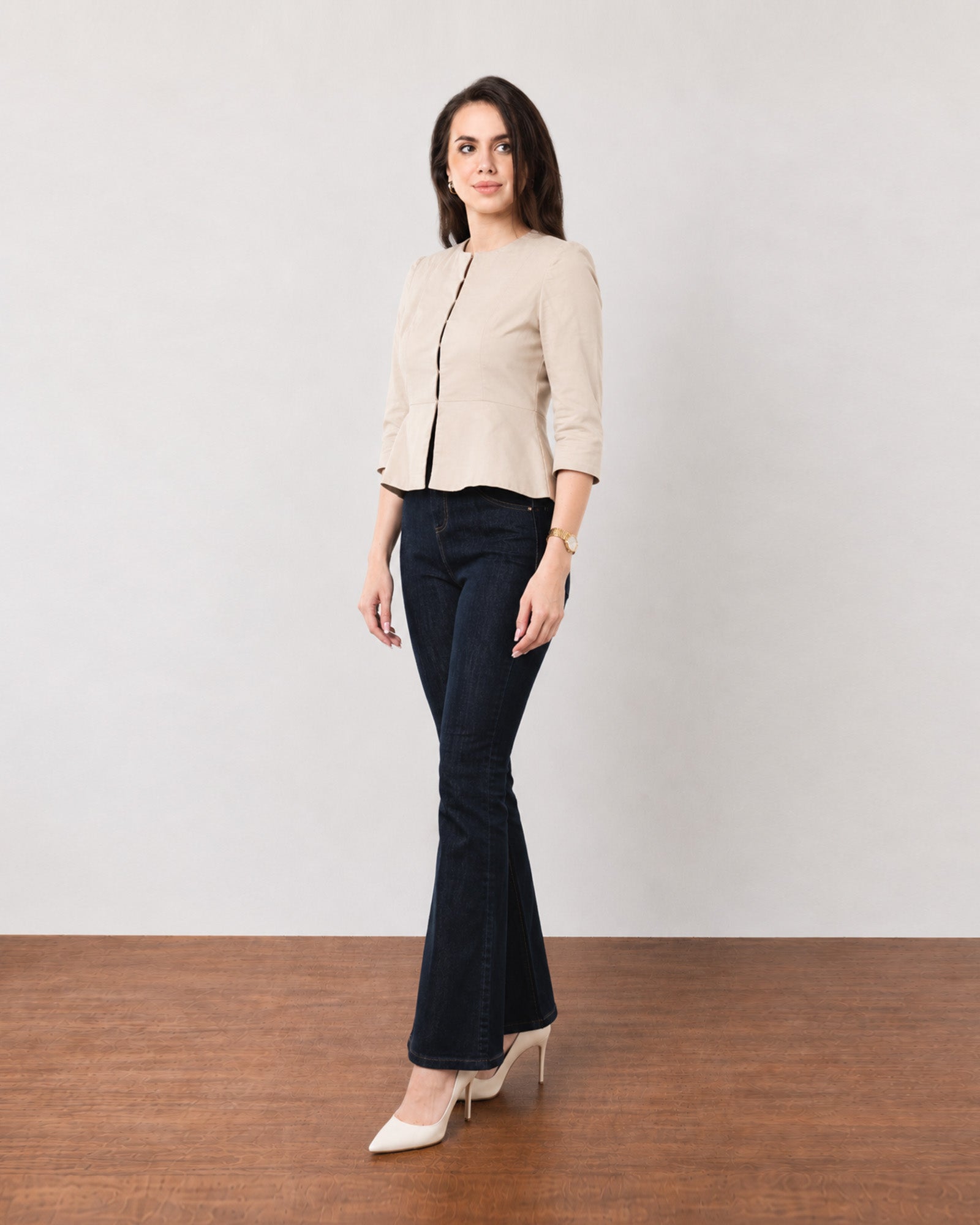 Georgia beige tailored blazer, smart casual walking view