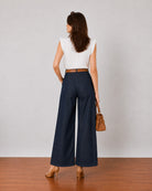 Gigi indigo blue barrel denim pants, back view of the seat seam